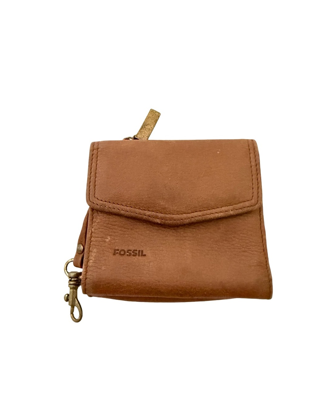 Fossil Tan Leather Trifold Wallet Keychain Clip Snap Cardholder One Size Women's